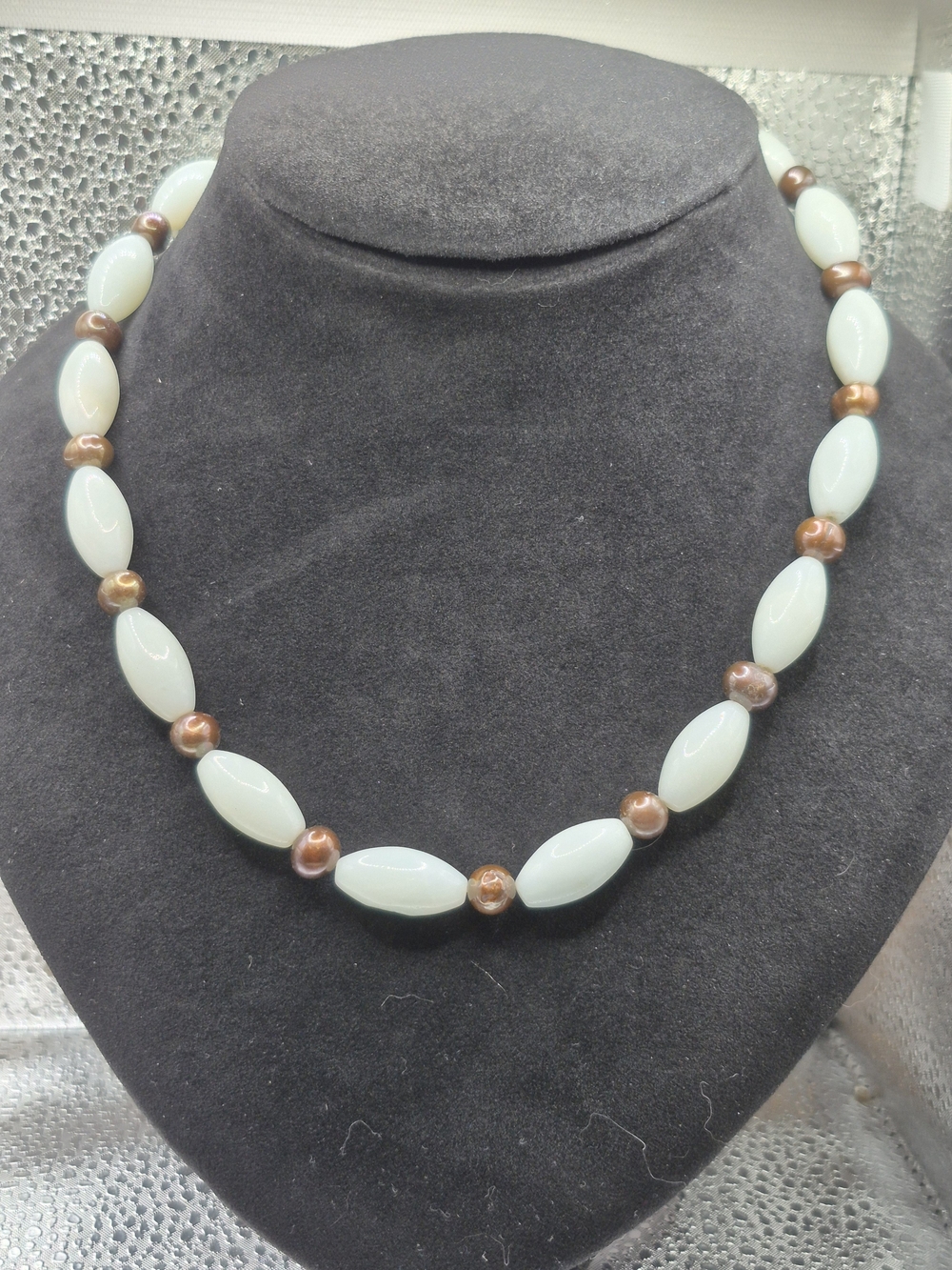 Genuine Anazonite In Light Mint and Burgundy Freshwater Pearl Necklace